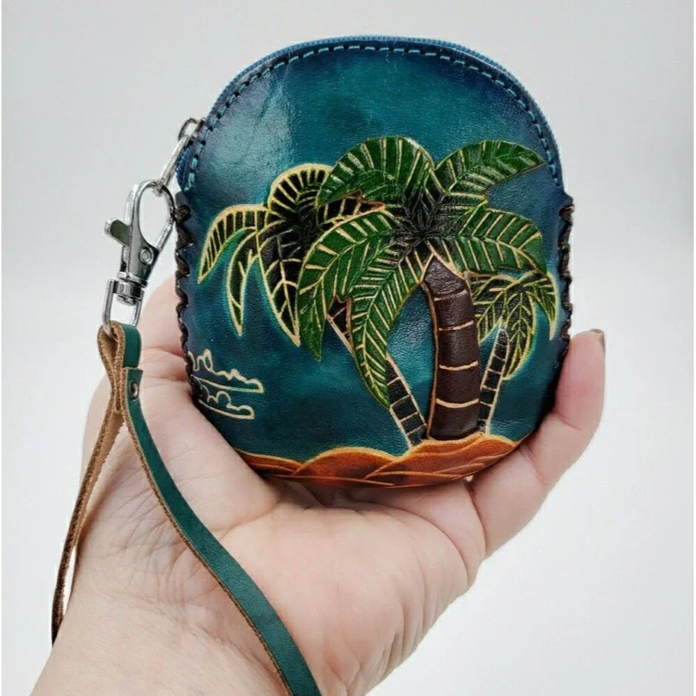 Tropical Palm Tree Wristlet Gift Card Holder Handmade Leather Surfer Mini Purse